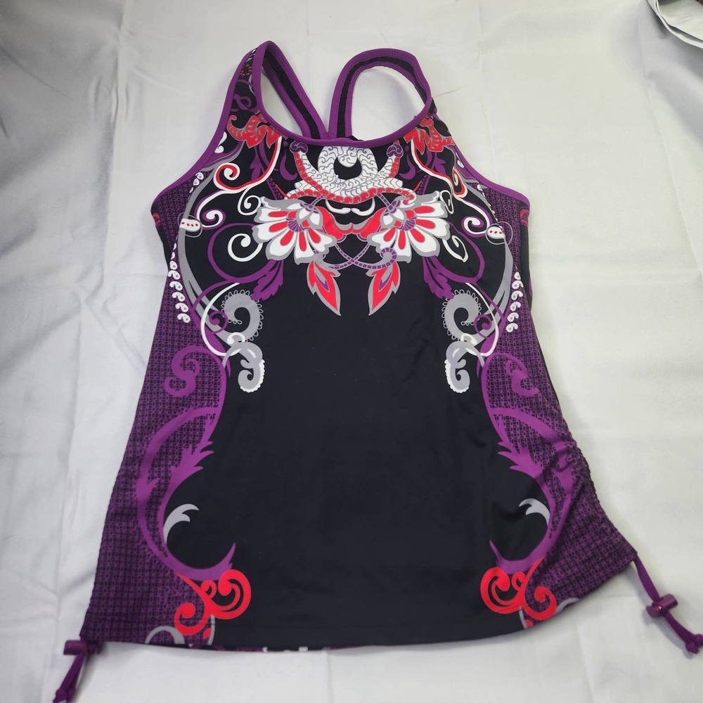 Athleta Truckee Tri Ready To Run Swim Floral Tankini Racerback Purple Black S